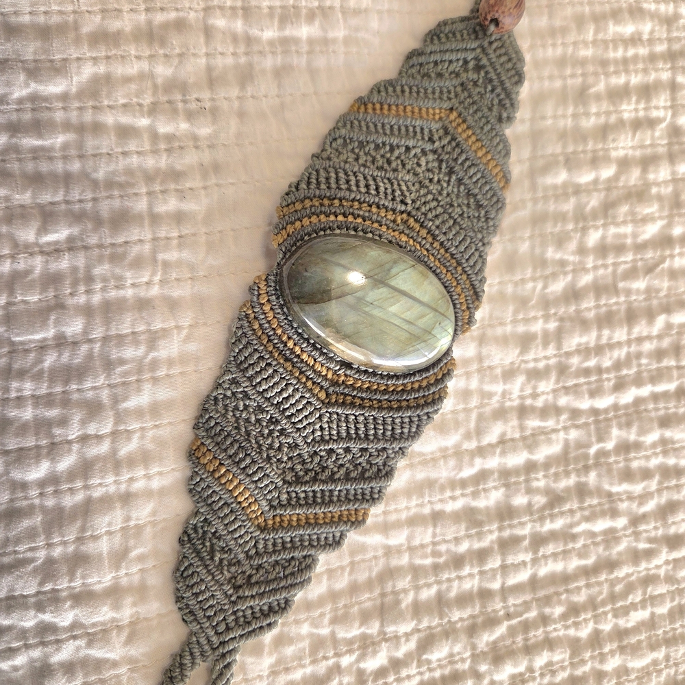 Handwoven Loden Green and Gold Macramé Bracelet with Labradorite